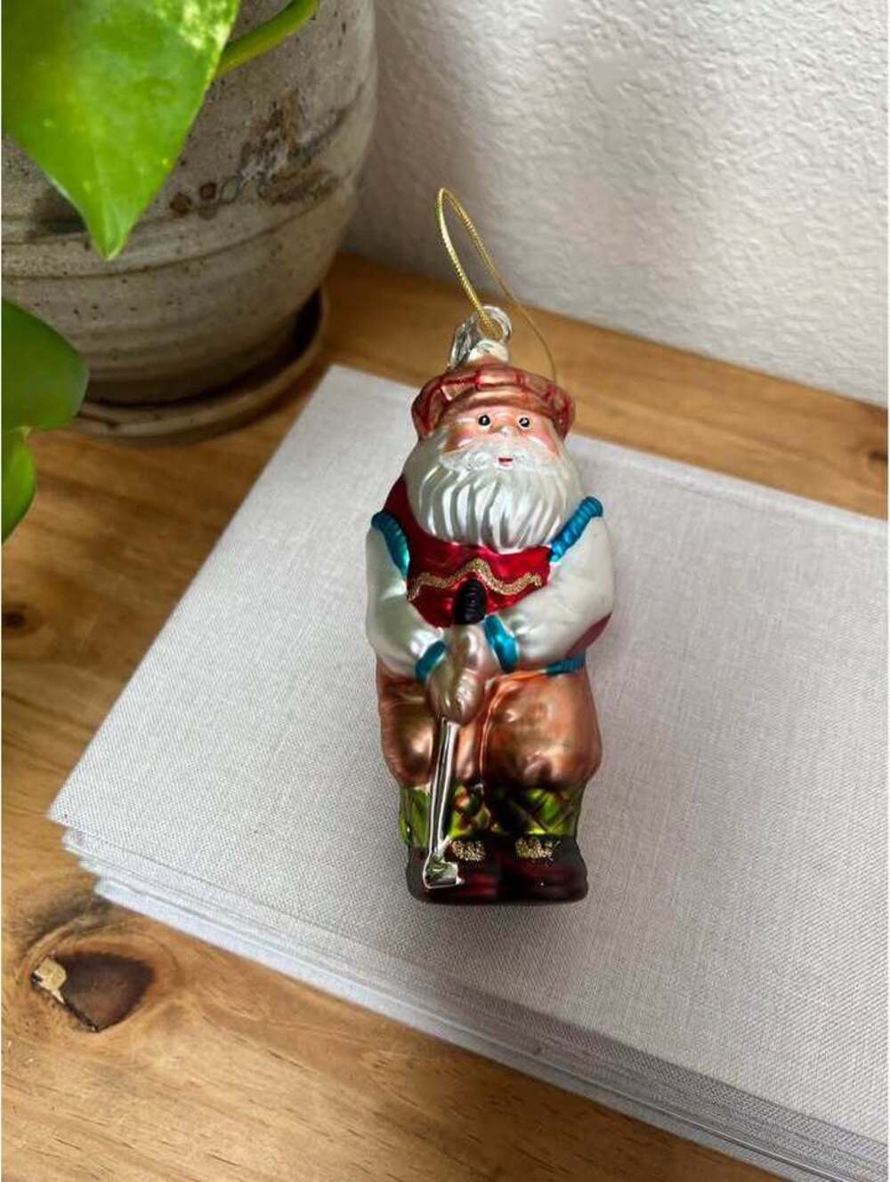 Santa Argyle Golfer Glass Christmas Ornament